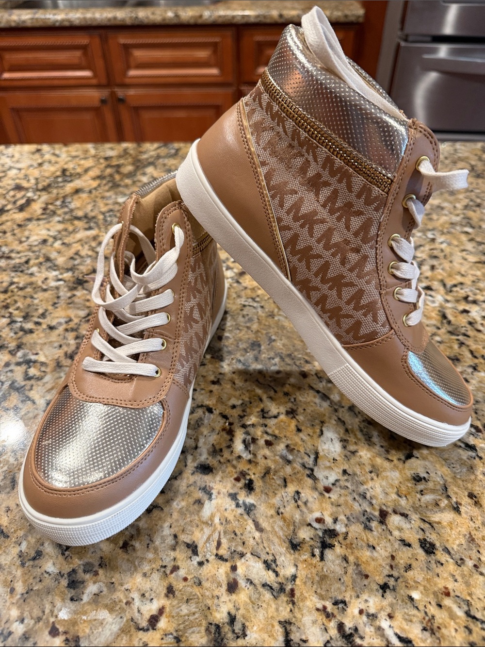 Michael Kors Taupe and Metallic High-Top Sneakers MK logo 5 NEW NWT